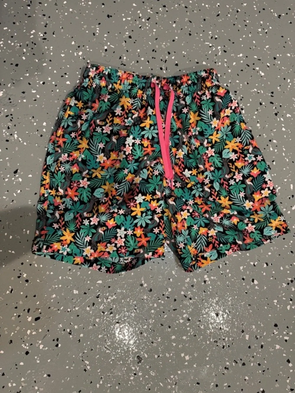 chubbies Black Tropical Swim Trunks with Pink Drawstring